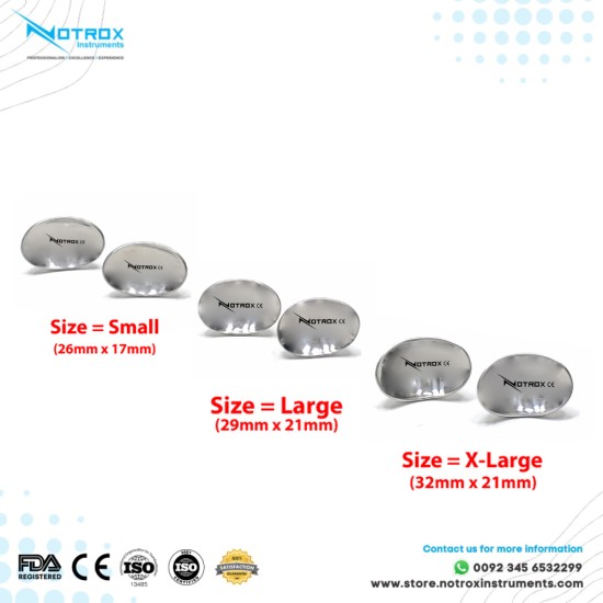 Corneal Eye Shield Protector Stainless Steel with holding Point, 26mm X 17mm (Small) and 29mm X 21mm (Large) and 32mm X 21mm (X-Large) Set of 3 Pairs